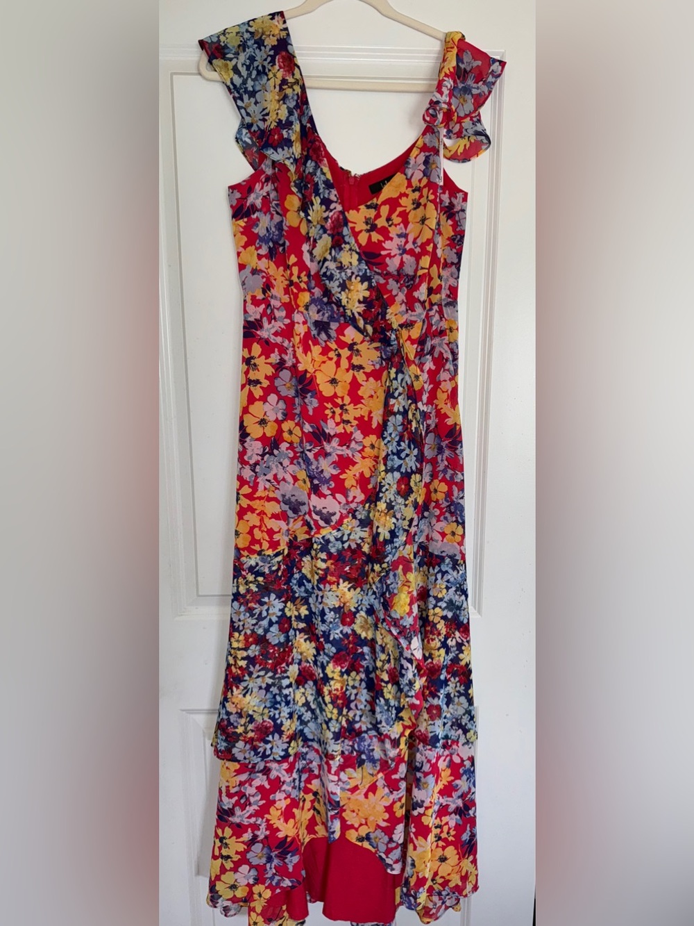 Lulu's Red Multi-Color Floral Cold-Shoulder Wrap Maxi Dress - Picture 4 of 8